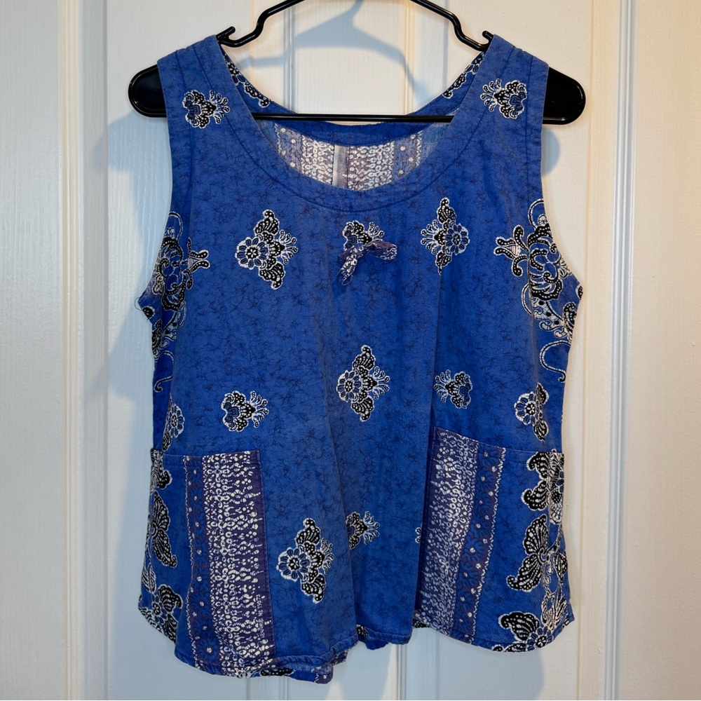 Blue and White Paisley Print Sleeveless Tunic Top with Pockets and Bow Detail